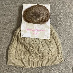 NWT Tommy Bahama Kids Pom-Pom Puff Knit Hat Beanie Tan One-Size